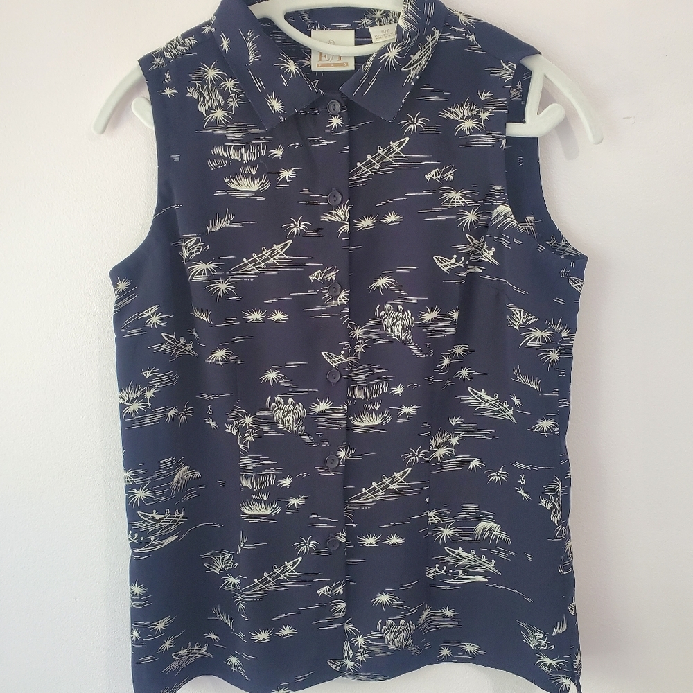 E P Pro Navy Blue Golf Sleeveless Button Up Top White Print Preppy Casual Sz SP